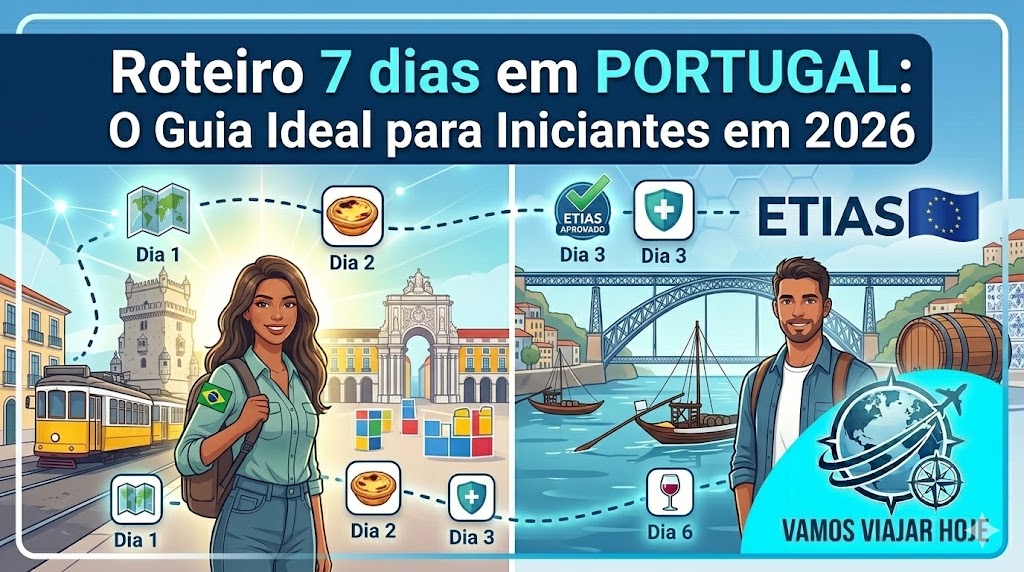 Infográfico de capa épica mostrando os principais pontos turísticos de Lisboa e Porto para um roteiro de 7 dias em Portugal em 2026.
