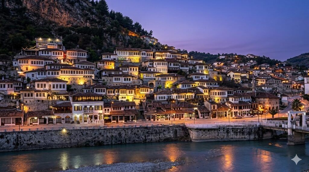 Roteiro Albânia 2026: O Guia Estratégico do Norte ao Sul (Além das Praias) Vista panorâmica das casas otomanas de Berat ao entardecer, com as luzes se acendendo nas janelas.