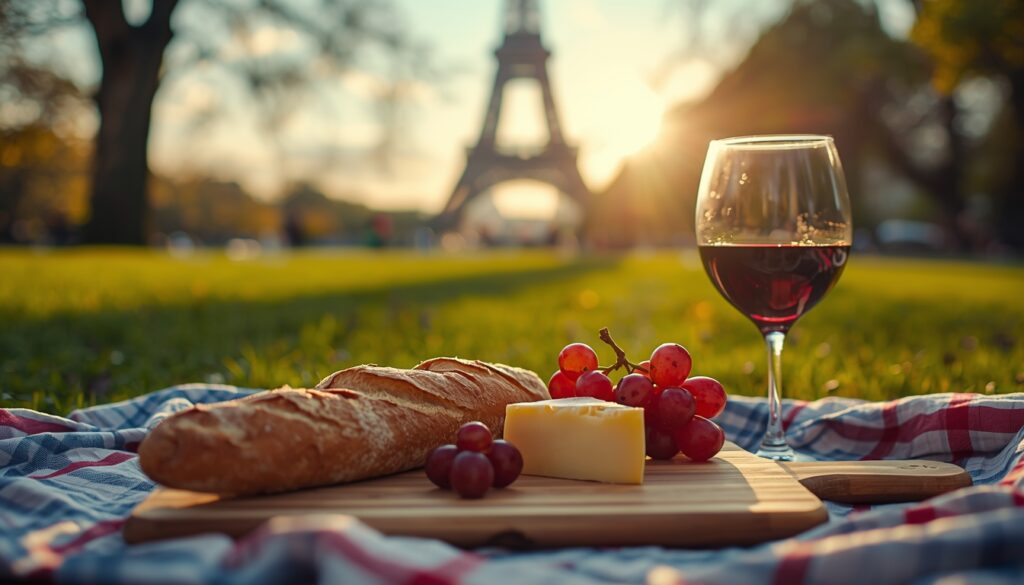 Piquenique barato em Paris com vista para a Torre Eiffel, incluindo baguete e queijo brie sobre a grama.