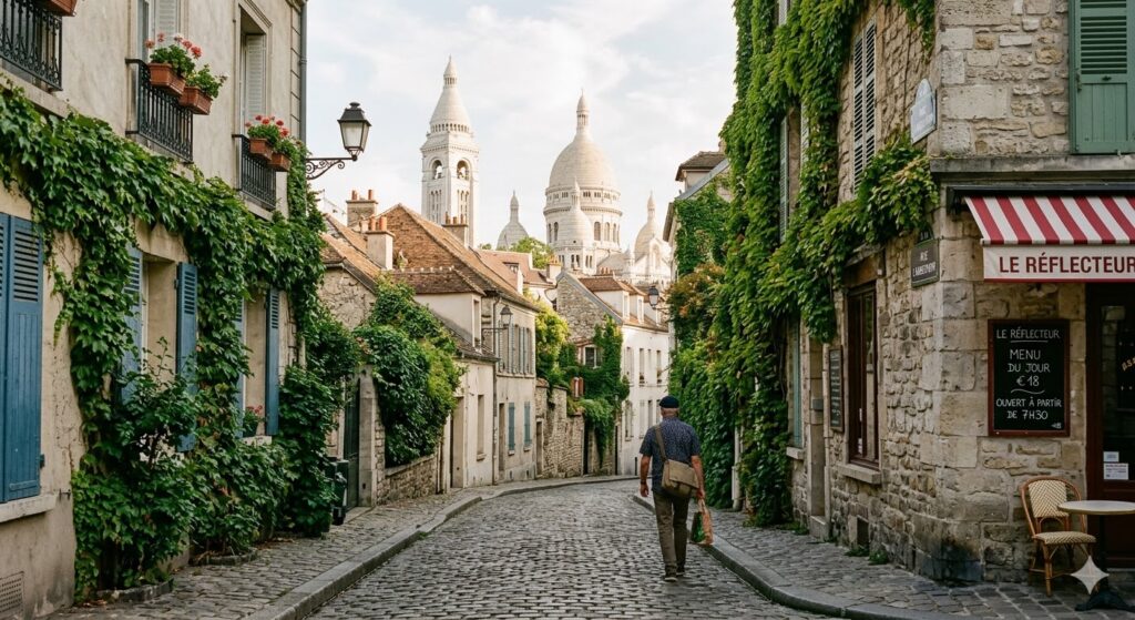 Ruela de paralelepípedos em Montmartre, Paris, mostrando a arquitetura típica e a Basílica de Sacré-Cœur ao fundo.