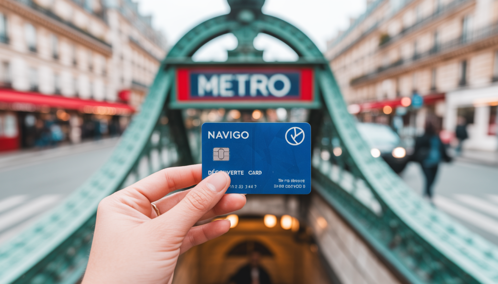 Roteiro Barato Paris Cartão de transporte Navigo Découverte em frente a uma estação de metrô em Paris, essencial para um roteiro barato.