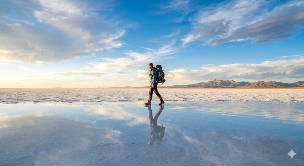 Roteiro de mochilão pela América do Sul — reflexo no Salar de Uyuni na Bolívia