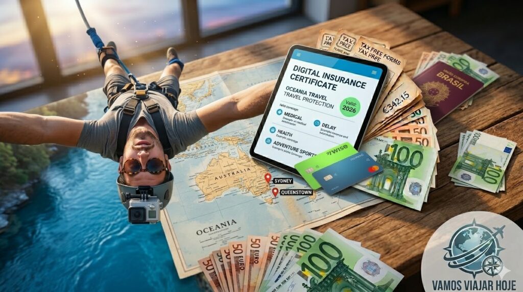 seguro viagem para Oceania 2026 Um surfista pegando uma onda perfeita em uma praia australiana de águas cristalinas.