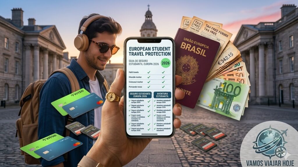 Estudante sorrindo com uma mochila e um tablet em frente à Trinity College em Dublin, segurando uma apólice digital.