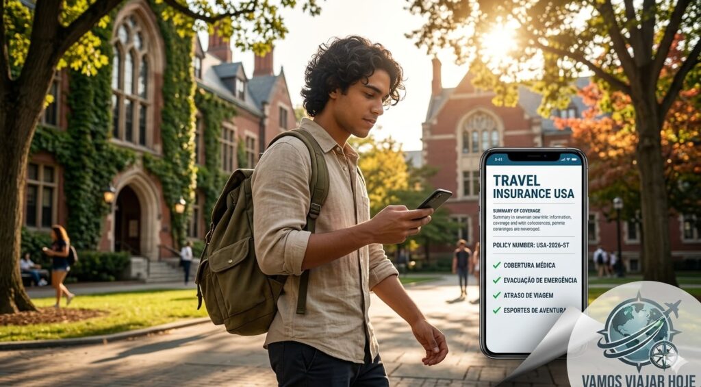 Seguro Viagem Intercâmbio Estados Unidos 2026: O Guia do estudante Estudante com mochila caminhando em um campus universitário americano (estilo Ivy League), segurando um celular com a apólice de seguro digital.