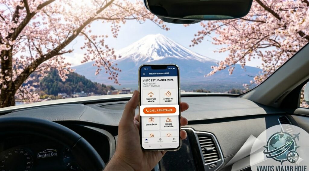 Seguro Viagem Japão 2026: Guia Completo, Exigências e Como Economizar Uma mão segurando um smartphone com o app da seguradora aberto e o botão "Chamar Assistência" em destaque, em frente ao Monte Fuji ao fundo.