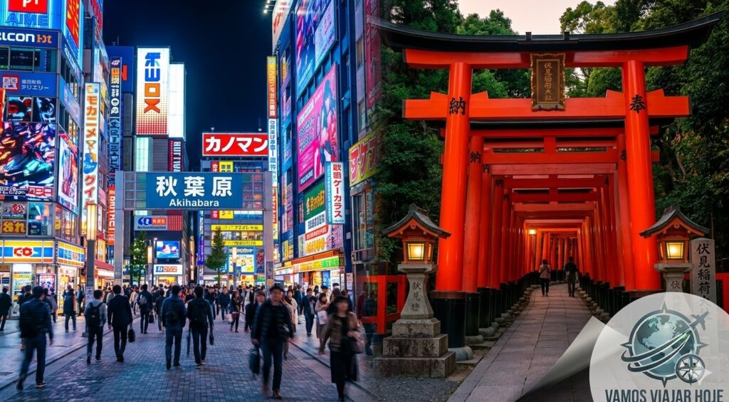 seguro viagem Japão 2026 Uma rua iluminada de Akihabara com neons vibrantes à noite misturada com a imagem serena de um templo tradicional em Quioto ao fundo.