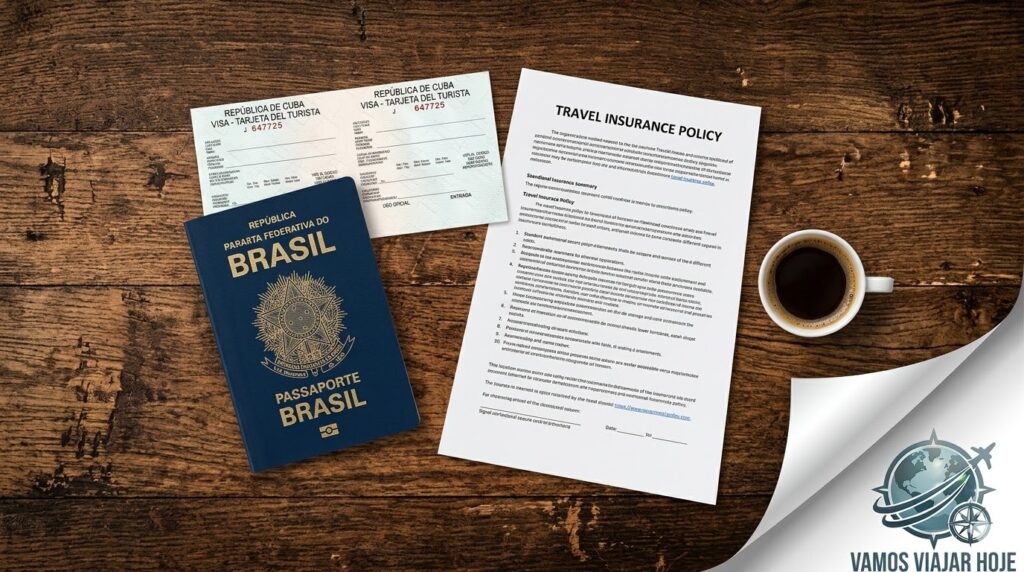🇨🇺 Como Morar em Cuba em 2026: Guia Prático para Brasileiros Um passaporte brasileiro e uma apólice de seguro viagem sobre um guia impresso das cidades para viajar para Cuba.