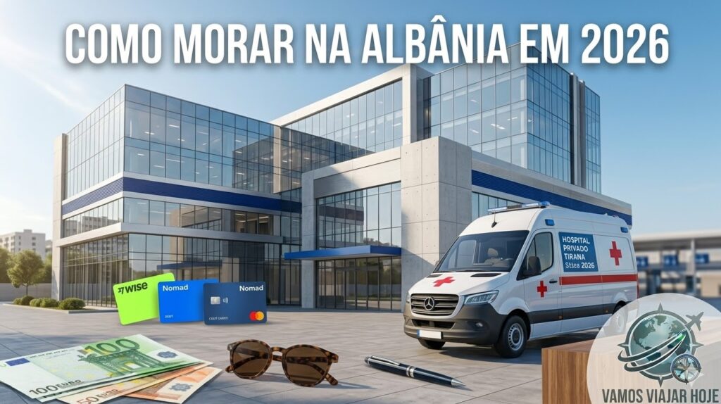 🇦🇱 Guia Definitivo: Como Morar na Albânia em 2026 (O Novo Paraíso Europeu) Fachada de um hospital moderno em Tirana com uma ambulância tecnológica à frente, focada em segurança médica.