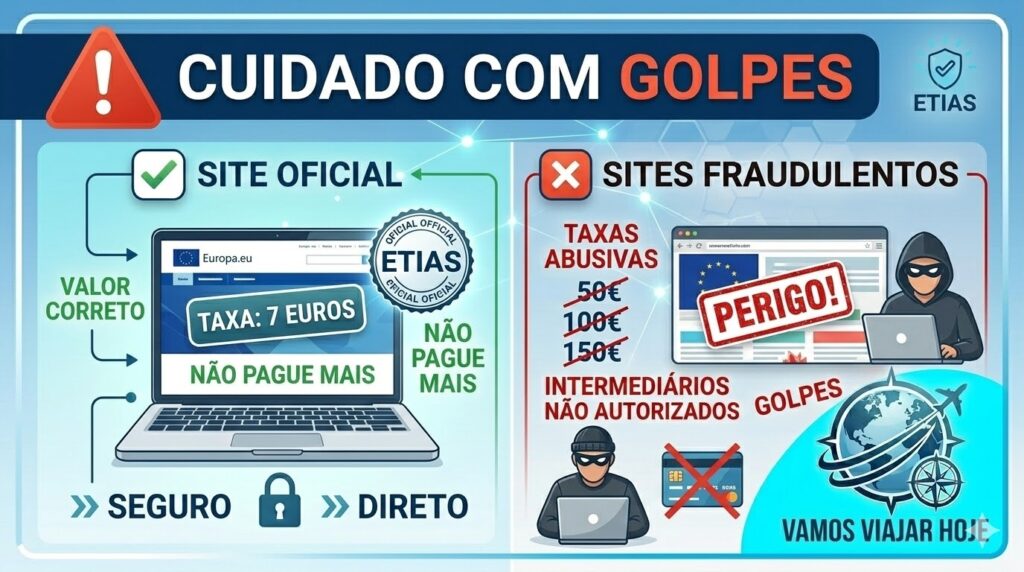 Aviso visual do Vamos Viajar Hoje alertando sobre o valor correto da taxa de 7 euros do ETIAS em 2026 contra sites fraudulentos.