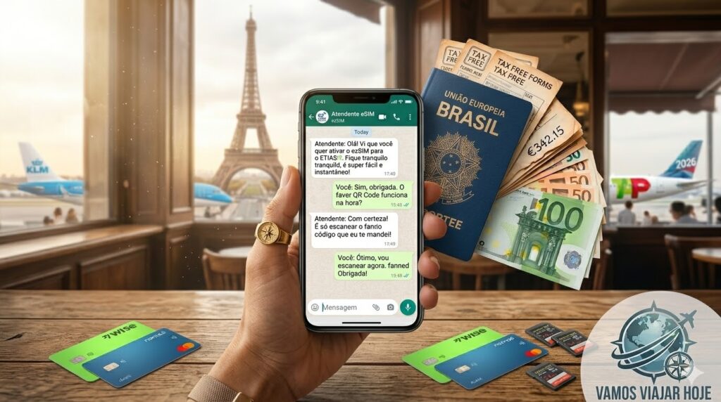 ezSIM Connect vs Airalo vs Holafly: Qual o melhor eSIM Europa 2026? ezSIM Connect vs Airalo vs Holafly Close-up de uma mão segurando um celular com uma conversa de WhatsApp de suporte técnico em português.