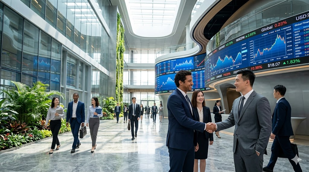 Reunião de negócios entre brasileiros e chineses em um escritório em Pequim.