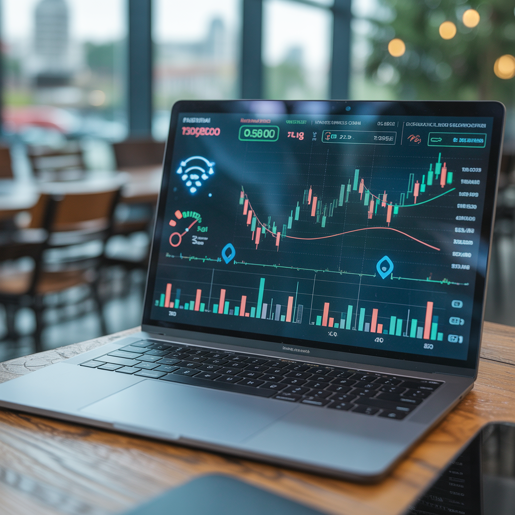 morar na bulgária Um notebook moderno em um café em Sofia exibindo gráficos financeiros e um ícone de conexão 5G rápida, com a cidade ao fundo.