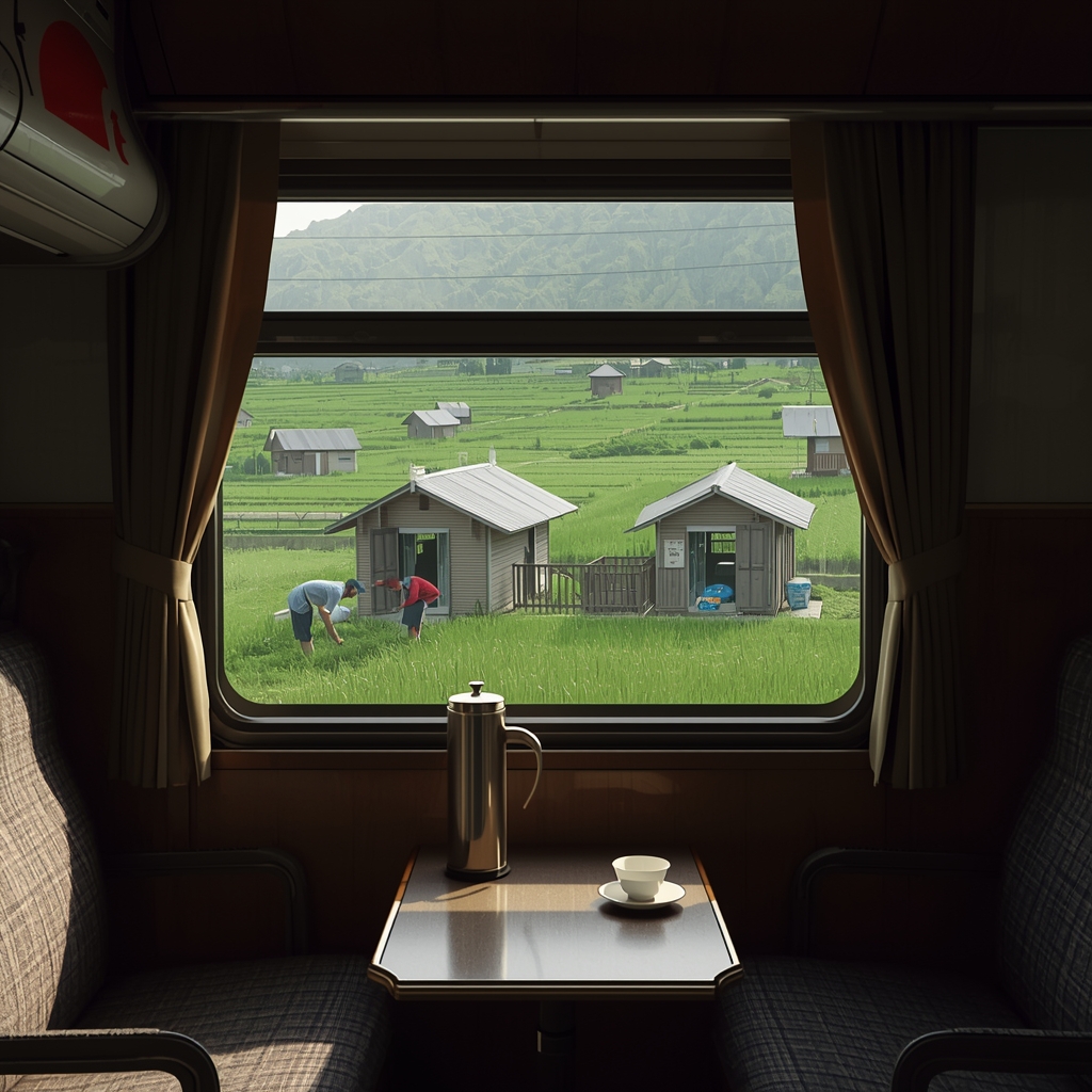 Vista da janela do trem que faz a rota Pequim a Pyongyang, mostrando a zona rural norte-coreana.