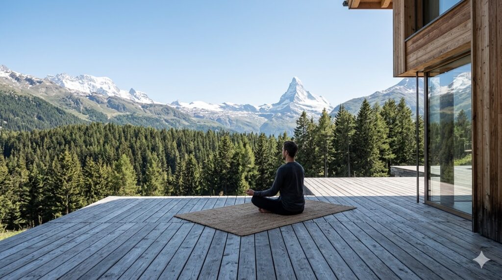 Turismo de Bem-Estar: Melhores Destinos para Retiro e Descanso em 2026 Meditação em um resort de montanha na Suíça, foco em descanso e saúde mental.
