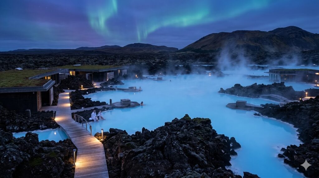 Turismo de Bem-Estar: Melhores Destinos para Retiro e Descanso em 2026 Águas termais geotermais na Islândia, destino popular de turismo de bem-estar em 2026.