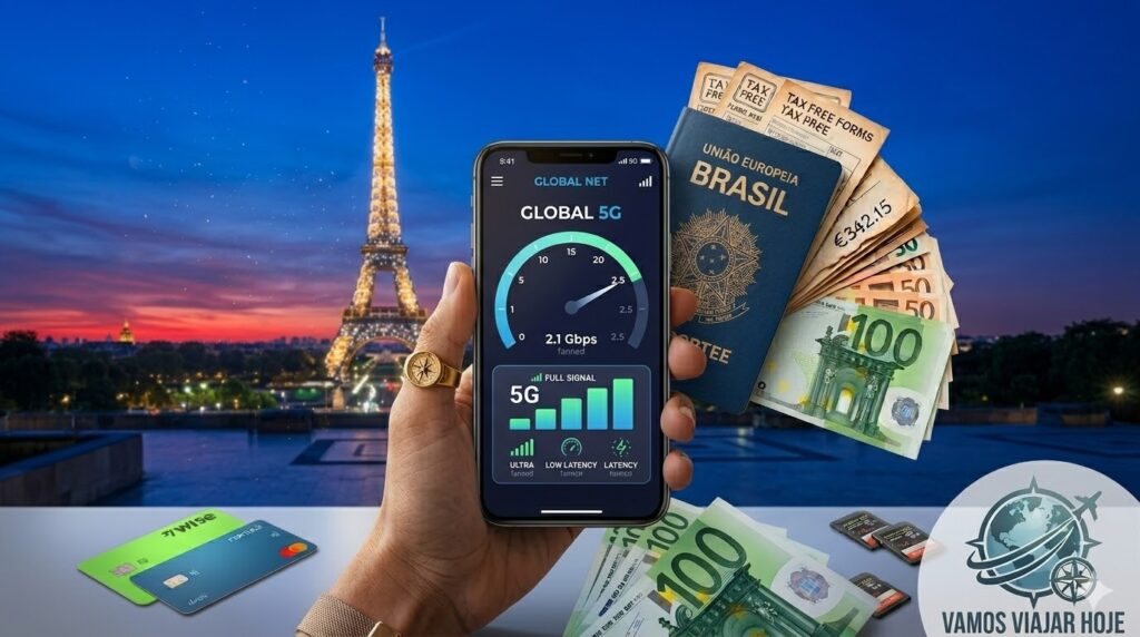 ezSIM Connect vs Airalo vs Holafly: Qual o melhor eSIM Europa 2026? Celular mostrando um teste de velocidade com sinal 5G em frente à Torre Eiffel.