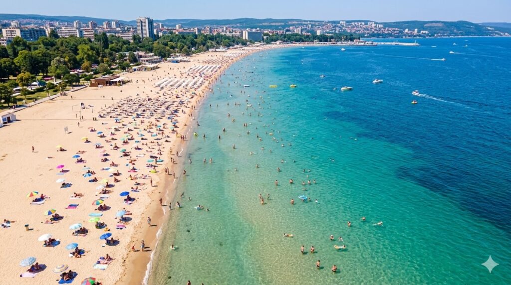 🌍 Estações do Ano na Europa 2026: O Guia Definitivo por Países e Regiões Vista aérea de uma praia vibrante em Varna, Bulgária, com areia dourada, águas cristalinas e sol intenso de verão.