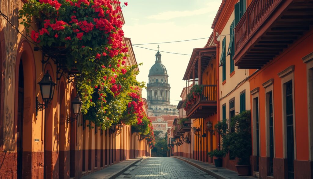 🇨🇴 Guia Completo: Como Viajar para a Colômbia em 2026 Rua colorida e florida no centro histórico de Cartagena das Índias.