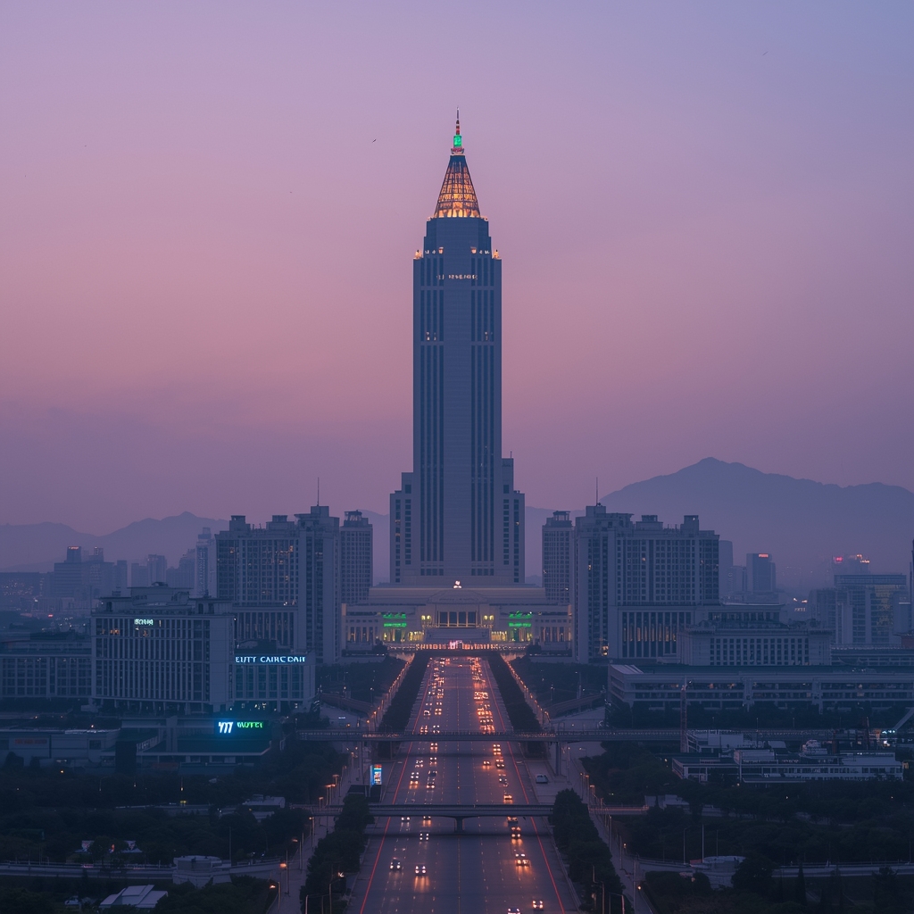 O icônico hotel Ryugyong em formato de pirâmide dominando o horizonte de Pyongyang, Coreia do Norte.