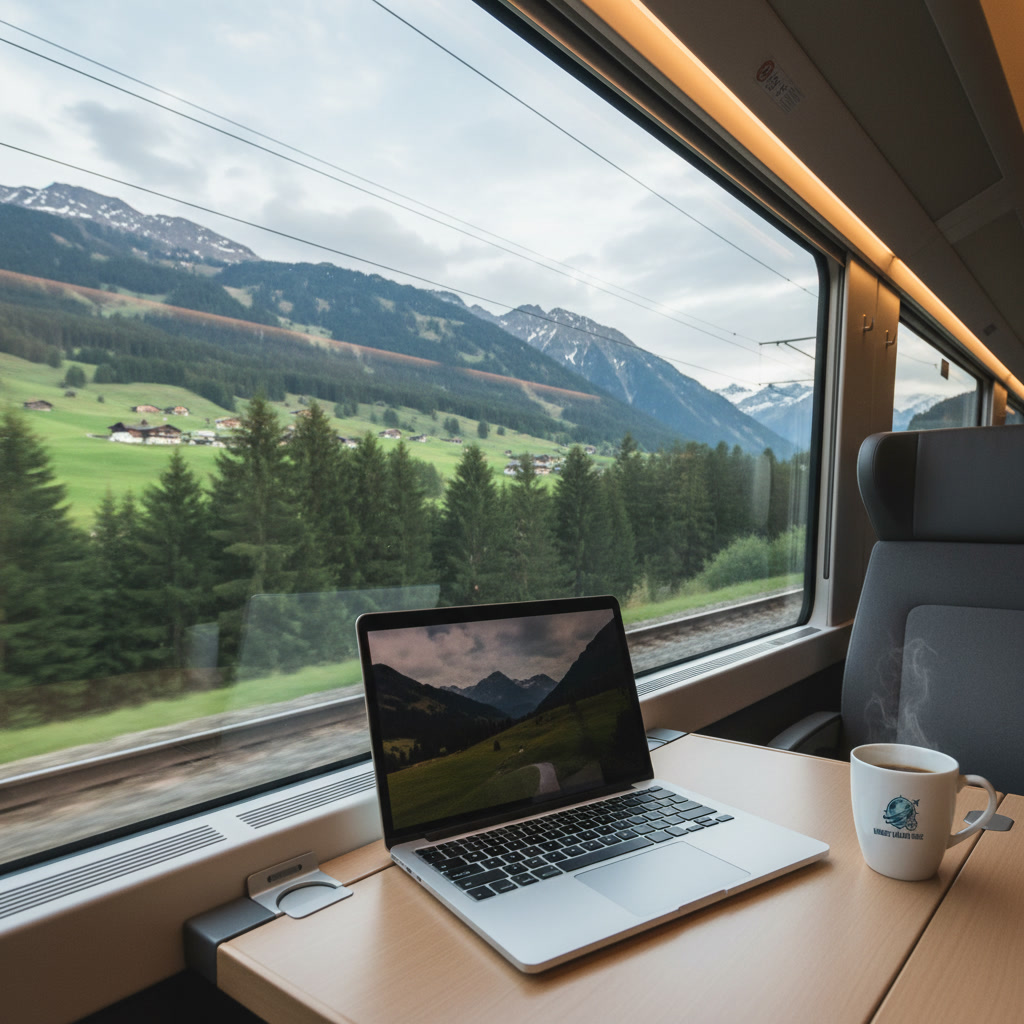Paisagem alpina vista da janela de um trem de alta velocidade na Suíça durante uma viagem de trem pela Europa.