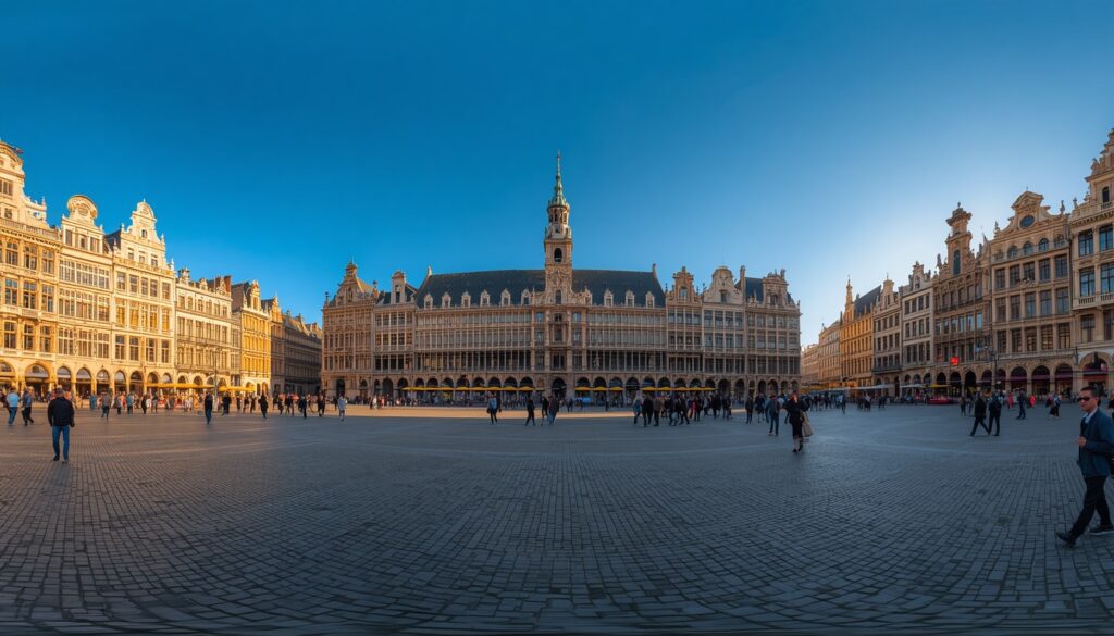 Vista ampla da Grand Place em Bruxelas Bélgica com as fachadas góticas e barrocas douradas das guildas medievais ao redor do calçadão de paralelepípedos