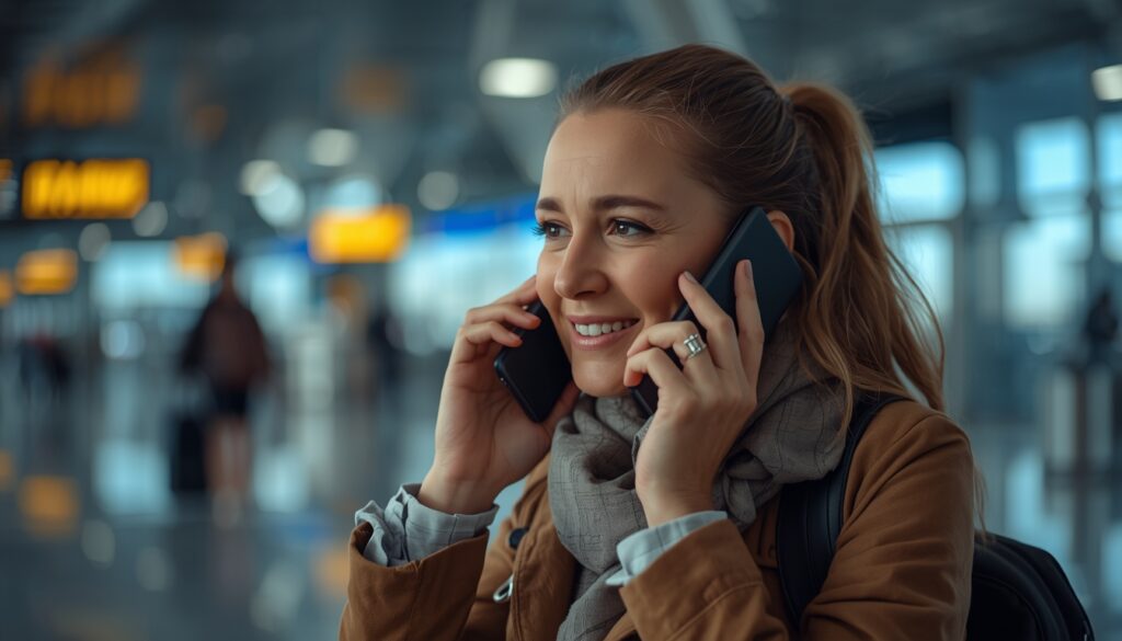 Viajante acionando seguro viagem por celular em emergência no exterior — central atendimento português 24 horas 2026