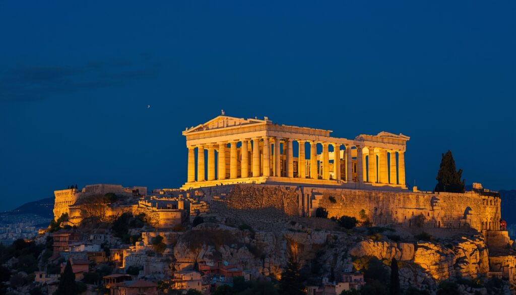 🇬🇷 Como Viajar para a Grécia: Guia Completo 2026 para Brasileiros (Do Planejamento ao Embarque) como viajar para a Grécia - Vista da Acrópole de Atenas com o Parthenon iluminado ao entardecer, um dos pontos turísticos mais importantes do roteiro pela Grécia