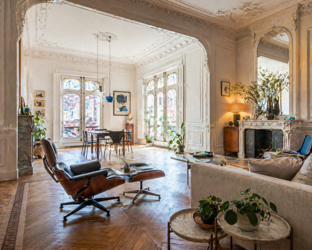 morar na Bélgica Interior luminoso de apartamento típico em Bruxelas Bélgica com pé-direito alto janelas clássicas com venezianas elementos art nouveau nas paredes e piso de parquet de madeira