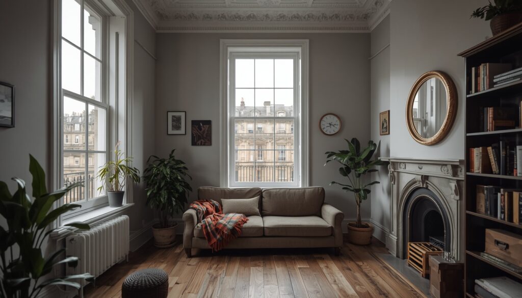 Interior aconchegante de apartamento escocês típico em prédio tenement de Glasgow com pé-direito alto janelas sash chão de madeira e decoração com manta tartan