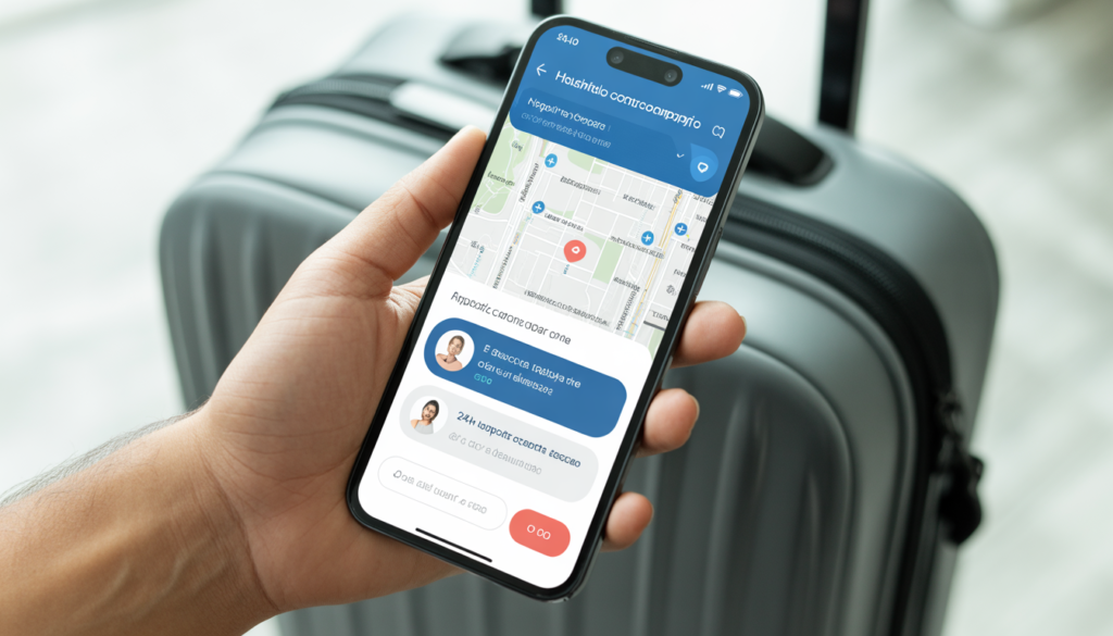 Viajante usando aplicativo de seguradora no celular para acionar seguro viagem no exterior — telemedicina 2026