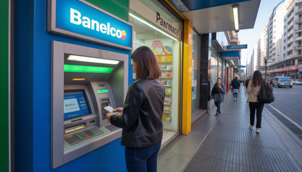 dinheiro na Argentina Caixa eletrônico da rede Banelco em Buenos Aires, Argentina, para saque de pesos argentinos com cartão internacional em 2026
