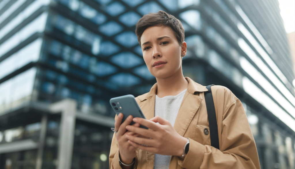 Pessoa usando aplicativo Assist Card no smartphone para acionar atendimento de emergência médica durante viagem no exterior