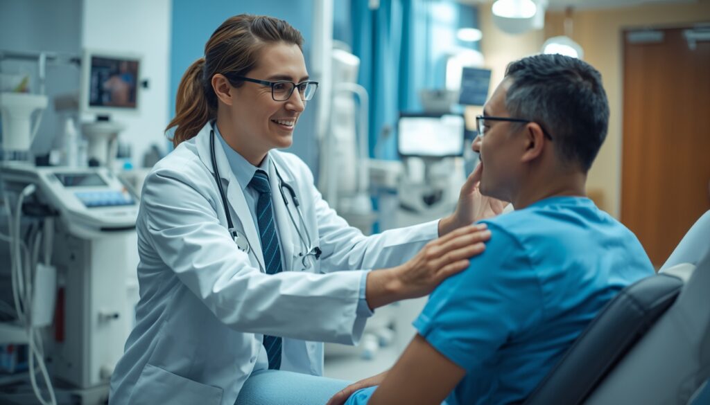 Médico atendendo viajante em hospital moderno no exterior com seguro viagem cobrindo o atendimento de emergência