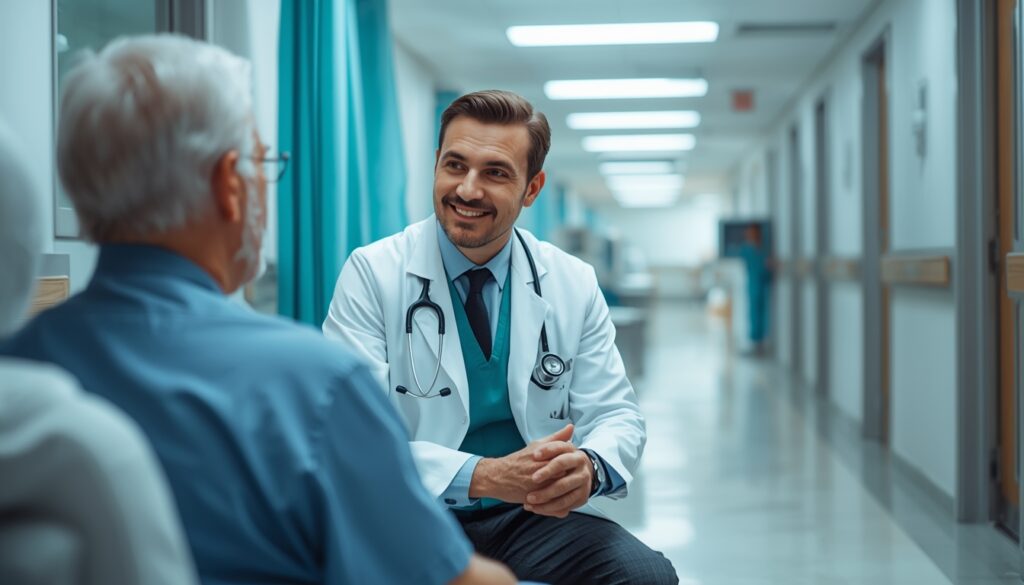 Profissional de saúde português atendendo paciente em hospital moderno — cobertura de despesas médicas e hospitalares é a principal proteção do seguro viagem para Portugal