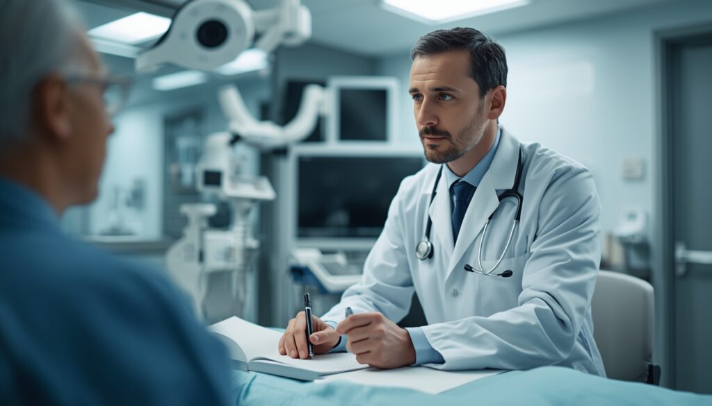 Médico em hospital europeu moderno atendendo paciente, representando cobertura médica do seguro viagem Alemanha