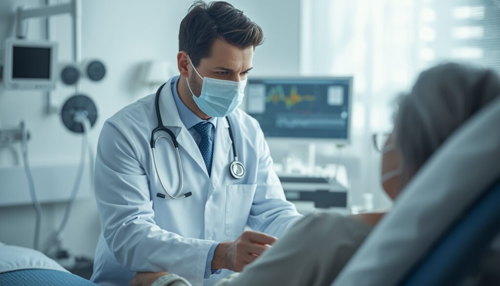 Médico grego em hospital moderno atendendo turista estrangeiro, representando a importância do seguro viagem para cobrir custos médicos na Grécia