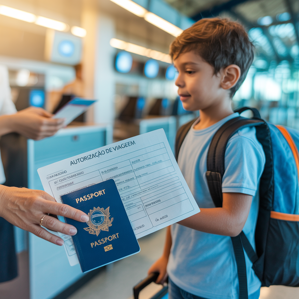 Mãe entregando autorização para menor viajar e passaporte no balcão de check-in de um aeroporto.