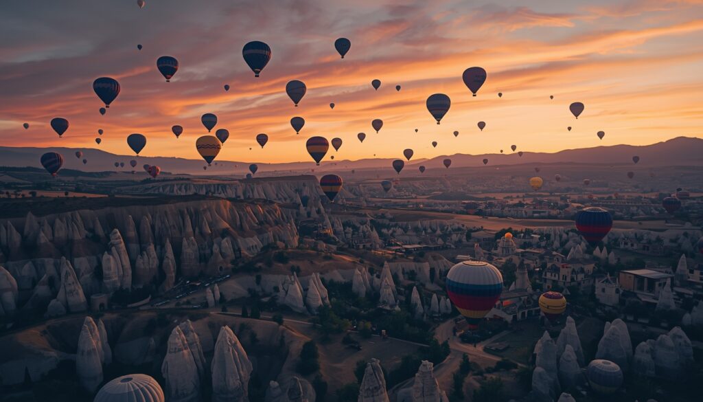 Balões coloridos Capadócia Turquia ao nascer do sol — seguro viagem com cobertura aventura obrigatório para o passeio de balão 2026