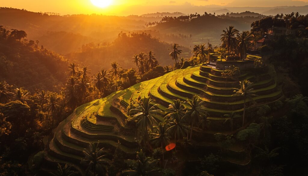lugares românticos para viajar na Ásia Vista panorâmica dos terraços de arroz em Tegallalang em Bali Indonésia ao entardecer com palmeiras e selva tropical
