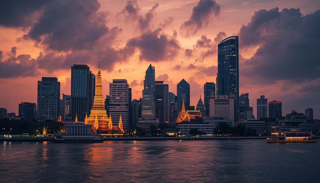 Morar na Tailândia: Guia Completo para Brasileiros 2026 Bangkok Tailândia skyline com templos e arranha-céus — melhor cidade para brasileiros morarem na Tailândia em 2026