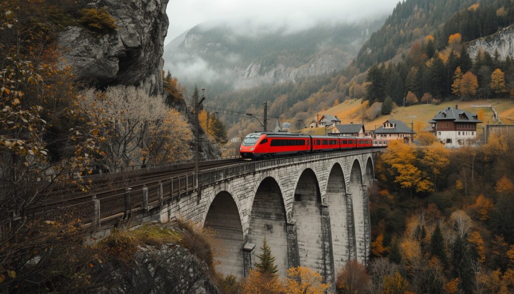 Bernina Express cruzando Viaduto Landwasser Suíça Patrimônio UNESCO com Alpes ao fundo