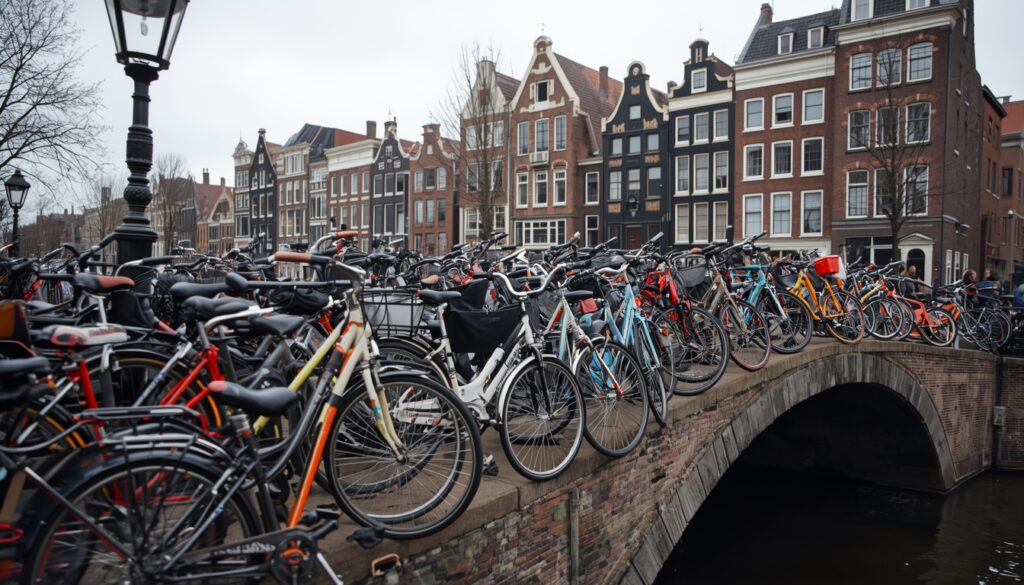 ezenas de bicicletas estacionadas em ponte sobre canal em Amsterdam, representando a cultura cicloviária e a vida cotidiana na Holanda