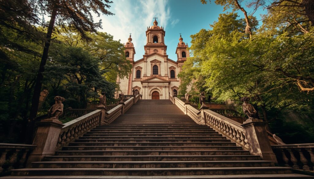 Vista do Santuário do Bom Jesus do Monte em Braga Portugal com a escadaria barroca e vegetação verdejante ao redor