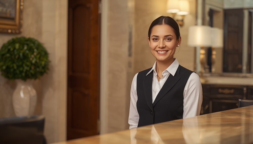 Jovem brasileira trabalhando como recepcionista em hotel boutique em Valletta Malta com decoração maltesa tradicional