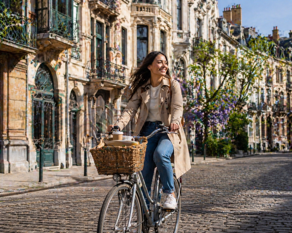 Jovem brasileira sorridente pedalando em bicicleta pelas ruas de Bruxelas Bélgica em manhã de primavera com edifícios art nouveau ao fundo