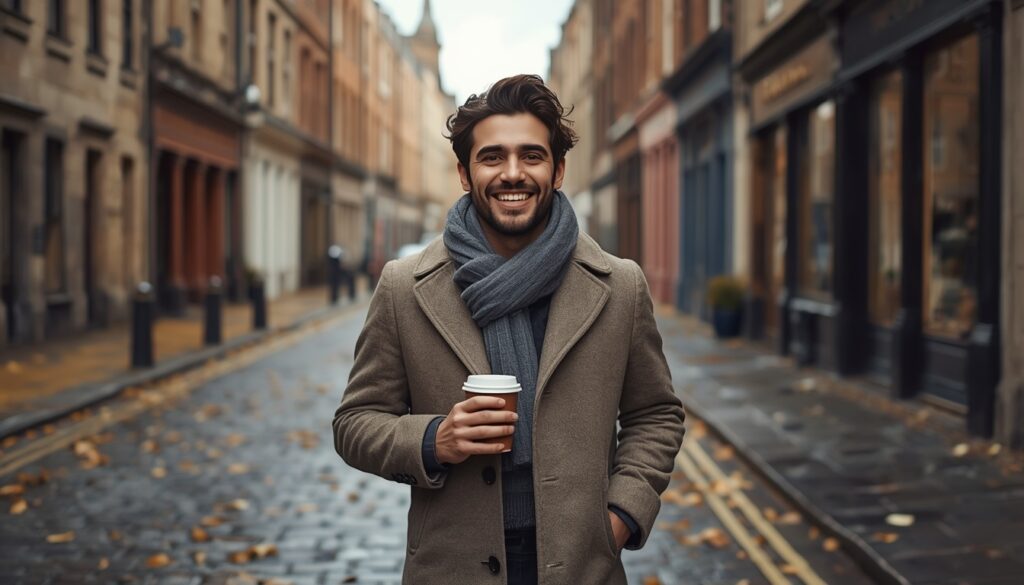 Jovem brasileiro sorridente caminhando em rua de paralelepípedos em Glasgow Escócia usando casaco e cachecol com prédios de arenito escocês ao fundo