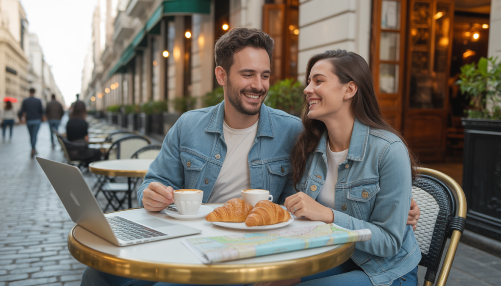 Casal brasileiro aproveitando café em calçada de Buenos Aires — viver na Argentina como brasileiro em 2026