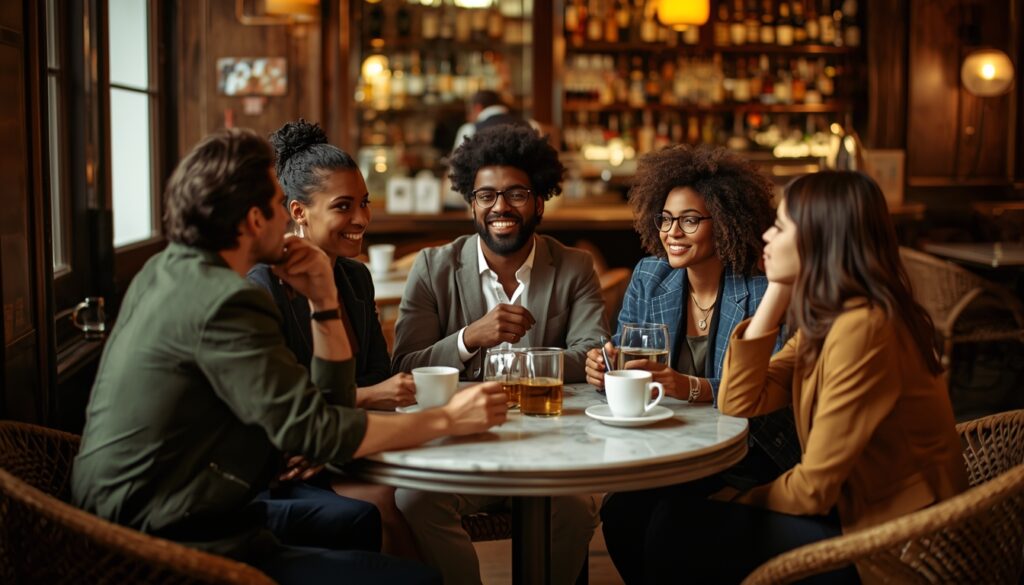 Grupo de amigos internacionais incluindo brasileiros em café tradicional parisiense — integração e vida social de estrangeiros que moram na França em 2026