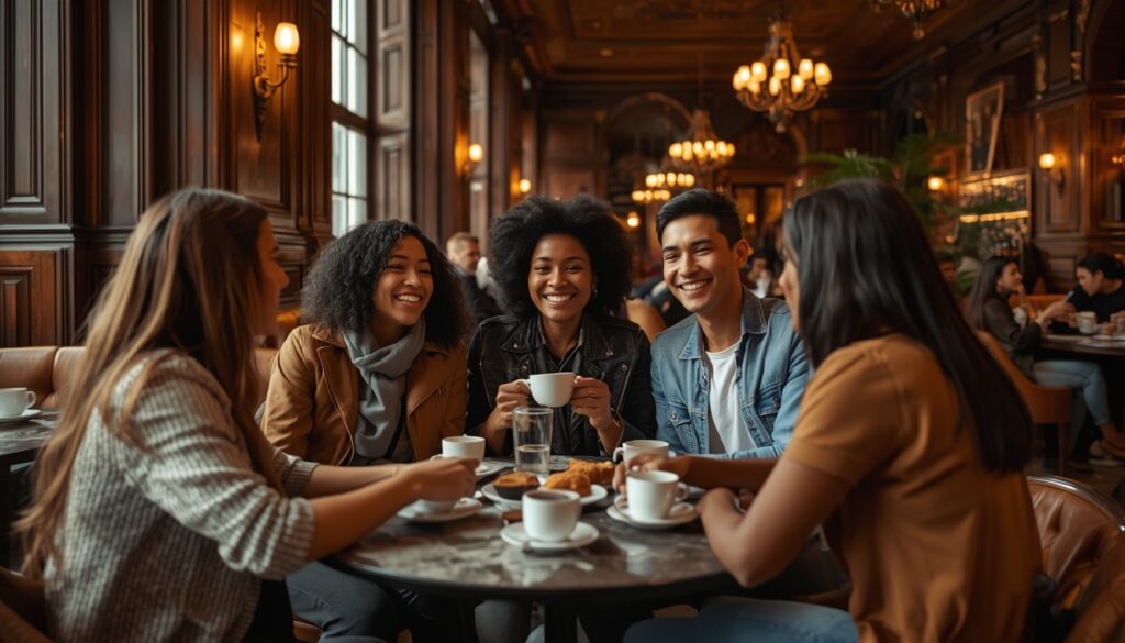 Grupo de profissionais internacionais incluindo brasileiros celebrando em café histórico de Viena — integração e vida social de estrangeiros que trabalham na Áustria